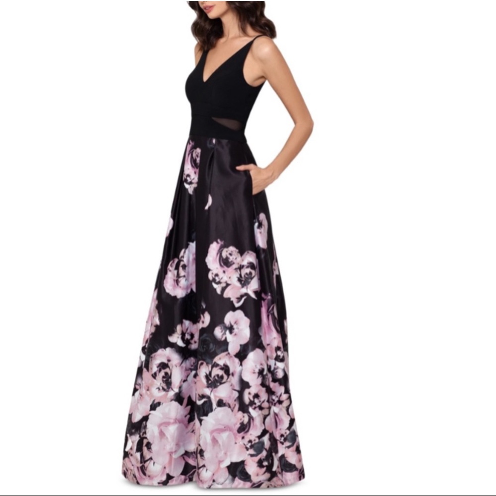 Macys floral gown with sheer side panels and pockets